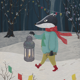 A badger on Christmas holidays walks through the forest with a lantern