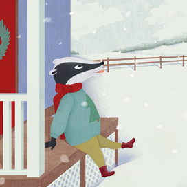 Badger Berzhn sits on the porch and catches snowflakes with his mouth