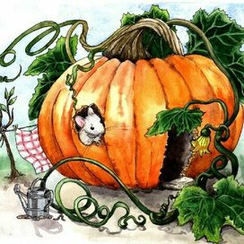 A mouse in a pumpkin. Illustration for the book "Fairy Tales for Martha"