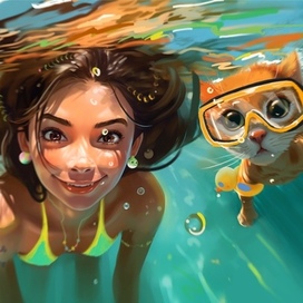 a girl and a cat in the ocean