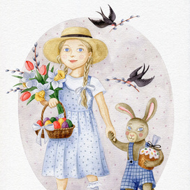 Girl and Easter bunny. Easter greeting card.