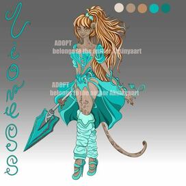 Woman lioness with a spear. Luxurious girl with cute fluffy ears and small fangs in a pale blue suit