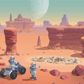 Two astronauts on a desert planet 