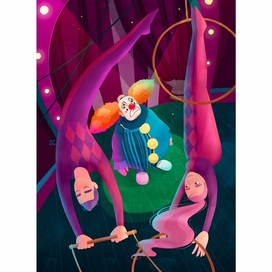 Circus, gymnasts and clown