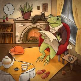 Character design "Strict frog in a cozy house"