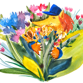 Fox in flowers kids book illustration watercolor 