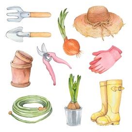 watercolor set of garden objects