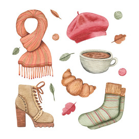 Watercolor clip art on the theme of autumn clothes