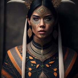 Neuroart.AI.Woman in a shaman costume.Face with a tattoo.