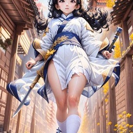 The character is a girl, full-length, with weapons in her hands, engaged in martial arts, depicted in a pose typical of martial arts, against the backdrop of old Chinese buildings. The character's clothing is simple and functional, while emphasizing her strength and dexterity.