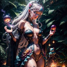 1 girl, extreme psychedelic, surreal, plot, rainbow jellyfish, tropical Caribbean island, bubbles, palm leaves, coral atoll, white sandy skin, blue sea waves, twinkling fireflies, otherworldly, jungle beach, fantasy, complex background, dynamic lighting, lights , digital painting, high detail , cinematic surrealism, ultra high detail, close-up, cute demon, princess style