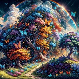 AI.Invasion of butterflies on a flowering tree in a fairyland.