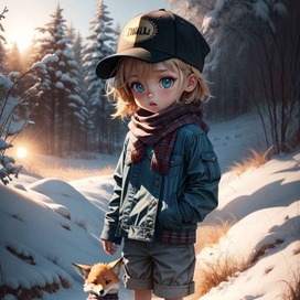 AI. A boy in a winter forest with a little fox cub. Comic book, chibi.