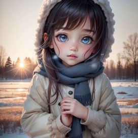 AI.Girl in a clearing in the winter forest.Comic, chibi.Neuroart.Anime.Cartoon.