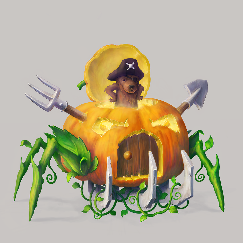  Character. Cartoon pirate on a pumpkin transport.