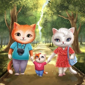 A family of kitties on a walk