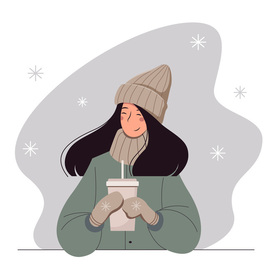 Cozy winter illustration with a girl in a hat with a cup of coffee.