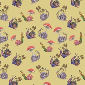 Watercolor seamless pattern of snails and poisonous mushrooms