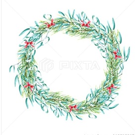 Christmas watercolor collection. Wreath with mistletoe