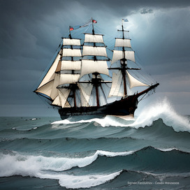 Merchant ship in a storm