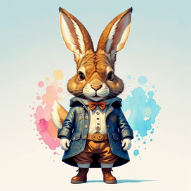 Red hare dressed in men's clothes, on a watercolor background.