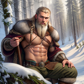 AI. Portrait. Nordic viking warrior in winter forest.