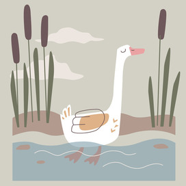 Funny goose floats on the water along the shore with reeds.