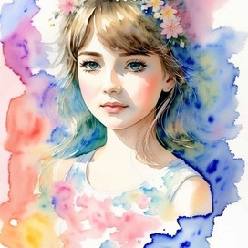 Watercolor,Ai, little girl with big gray eyes.