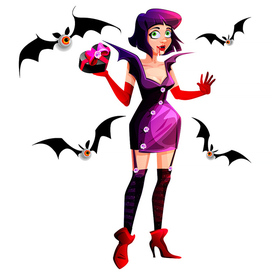 Halloween. Bloodthirsty vampire girl with bats. Creative character.