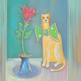 Yellow cat at the window with a flower.