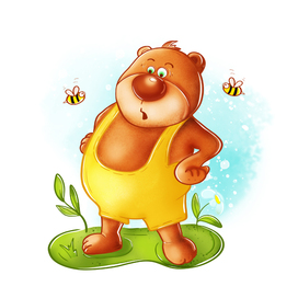 A surprised bear is standing in a clearing. Bees are flying nearby