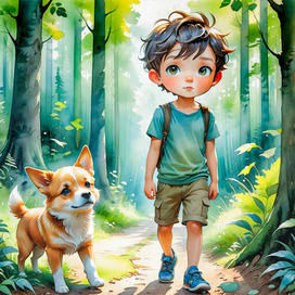 AI. Illustration from a children's book. A little boy walks through the forest with a dog. Watercolor.