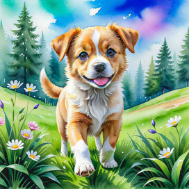 II. A cheerful puppy walks along the edge of the forest. Illustration. Watercolor.