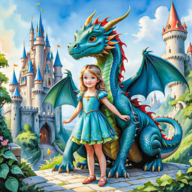 AI. Girl and dragon.Illustration from a children's book. Watercolor.