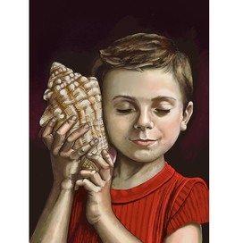 A boy listening to a seashell