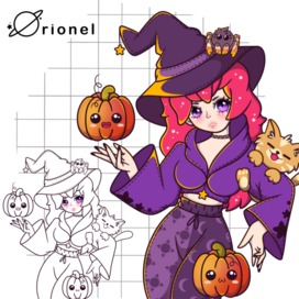 Cute anime witch with a cat and pumpkins - Halloween 