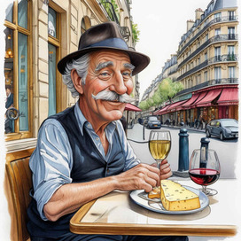 AI. A man in a cafe on a Parisian street. Caricature.