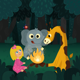 Night in forest. Mia and her friends adventures.Children's book illustration.