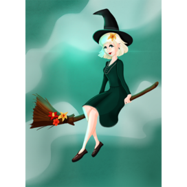 A little witch flying on a broom