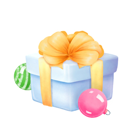 Cute gift box and Christmas balls. Isolated on a white background. Digital watercolor. 