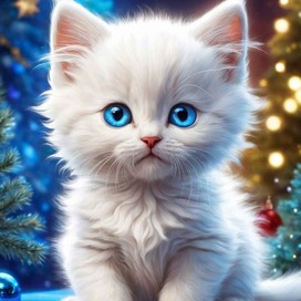 AI. Cute little white kitten celebrates the New Year.