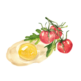 Raw egg and a sprig of cherry tomatoes