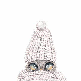 Owl in a knitted hat and scarf