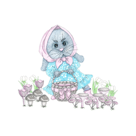 Bunny in a scarf with a basket for mushrooms and flowers