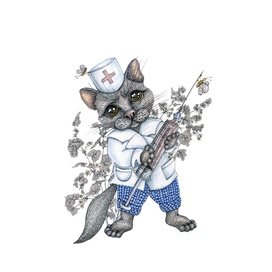 Gray cat in medical uniform