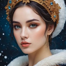 AI. Brunette. Winter portrait with snowflakes.