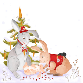 Illustration of bunnies in winter forest