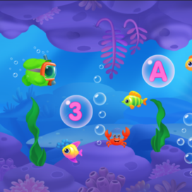 character, game, underwater world, algae, game background, objects, numbers, letters, game for children