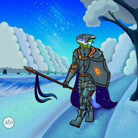 Sir Knight Imi Greyscar, on his way, enjoys the view of the falling snow