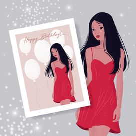 Vector Happy birthday card with woman and balloons.